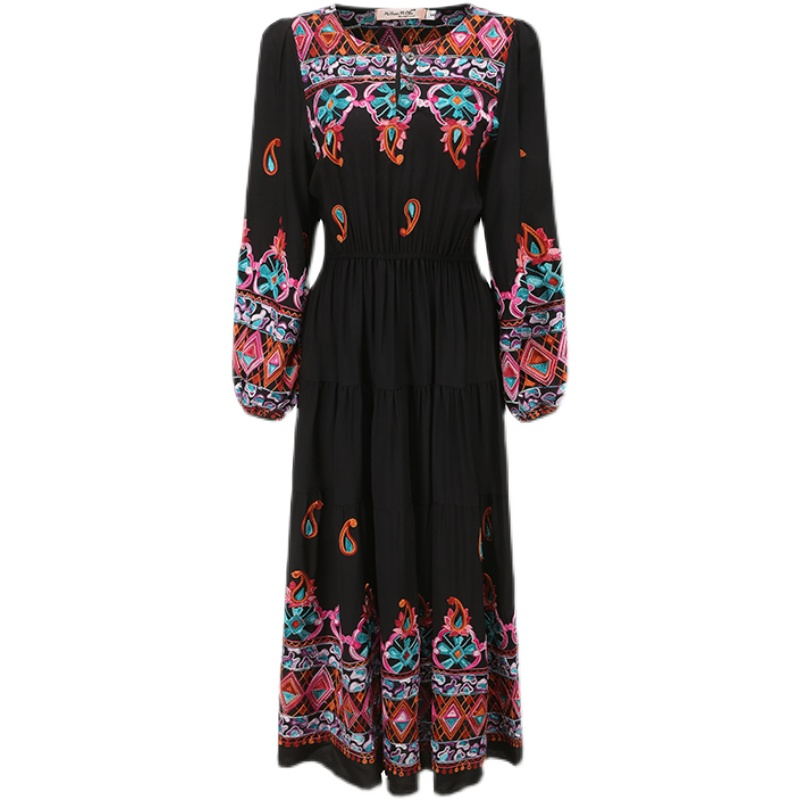 Women High Waisted Dress With Floral Embroidery A Line Dress