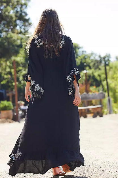 Women Spring Long Sleeve Dress With Floral Embroidery A Line Dress