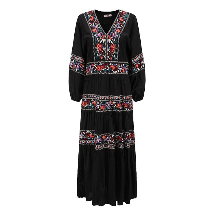 Robe à manches longues pour femmes, avec broderie florale, robe trapèze, printemps