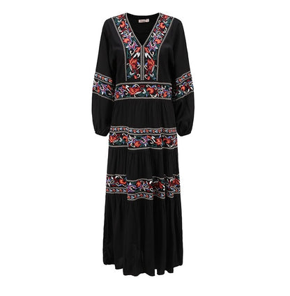 Women Spring Long Sleeve Dress With Floral Embroidery A Line Dress