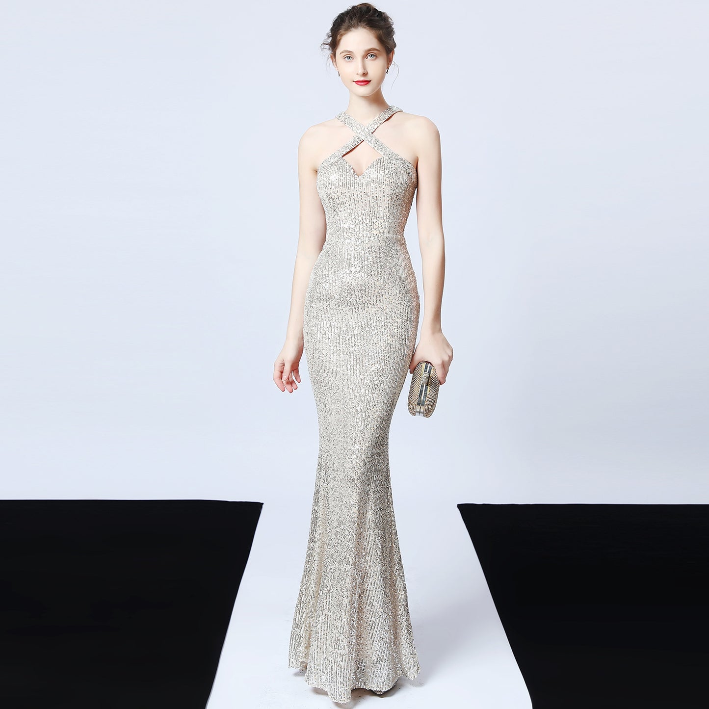 Sequined Evening Party Dress Long Cocktail Slim Fishtail Elegant Ladies Party Annual Meeting Host