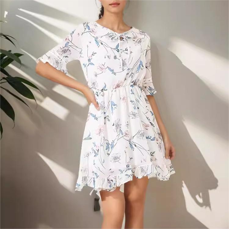 Women Clothing Summer Sweet Floral Chiffon Dress Bell Sleeve Slim Fit All Matching A Line Dress