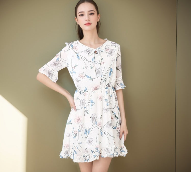 Robe d'été en mousseline de soie pour femmes, vêtements doux, motif Floral, manches cloche, coupe ajustée, robe trapèze assortie