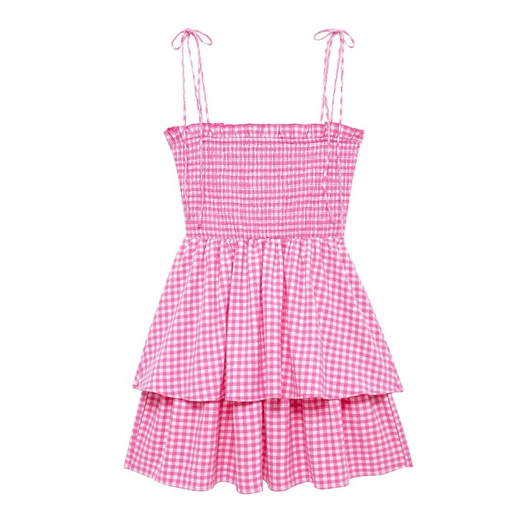 Women Clothing Summer Sweet Plaid Mini Sling Short Dress