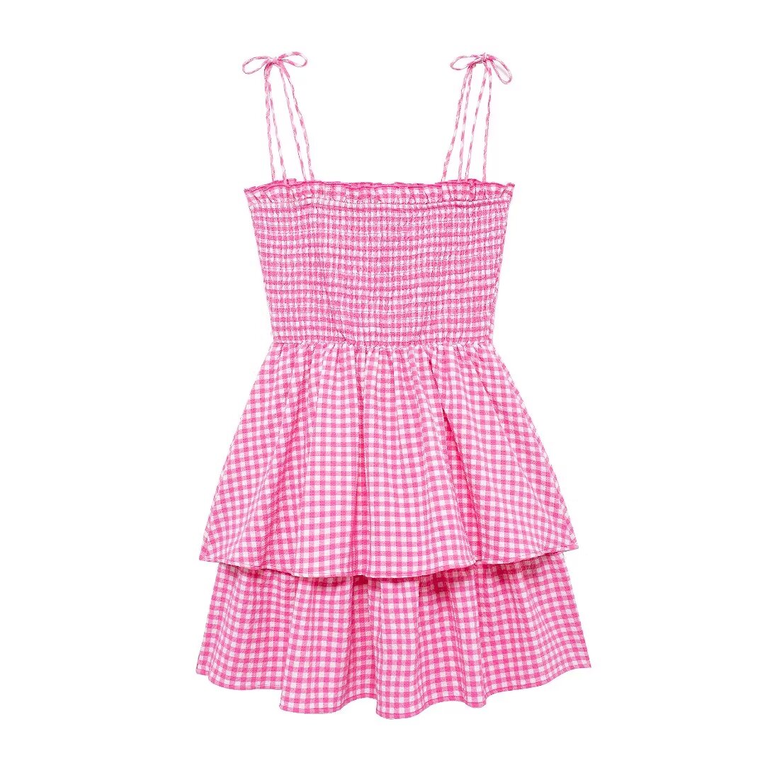 Women Clothing Summer Sweet Plaid Mini Sling Short Dress