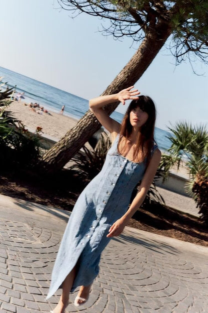 Vestido midi de mezclilla con botones de fila decorado informal de verano para mujer