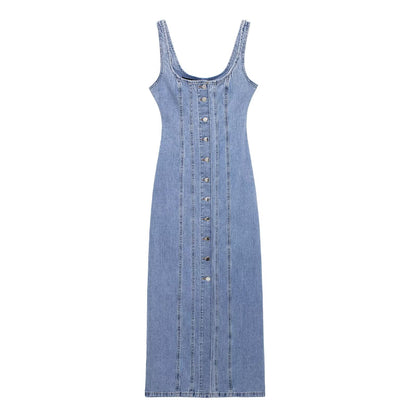 Summer Women Casual Decorated Row Button Denim Midi Dress