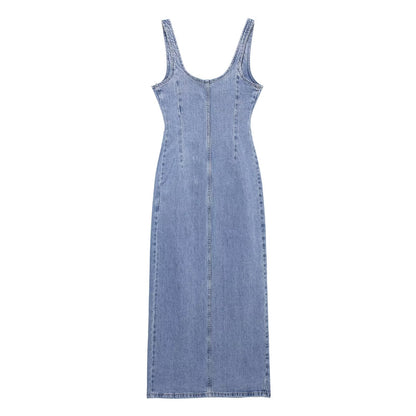 Summer Women Casual Decorated Row Button Denim Midi Dress