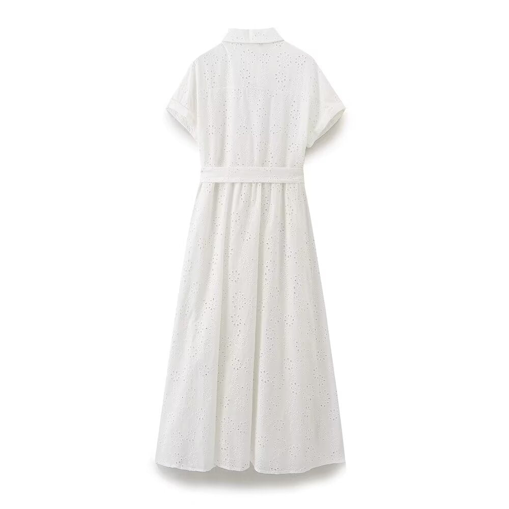 Robe longue plissée brodée ajourée pour femmes, vêtements