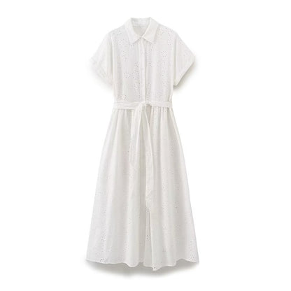 Robe longue plissée brodée ajourée pour femmes, vêtements