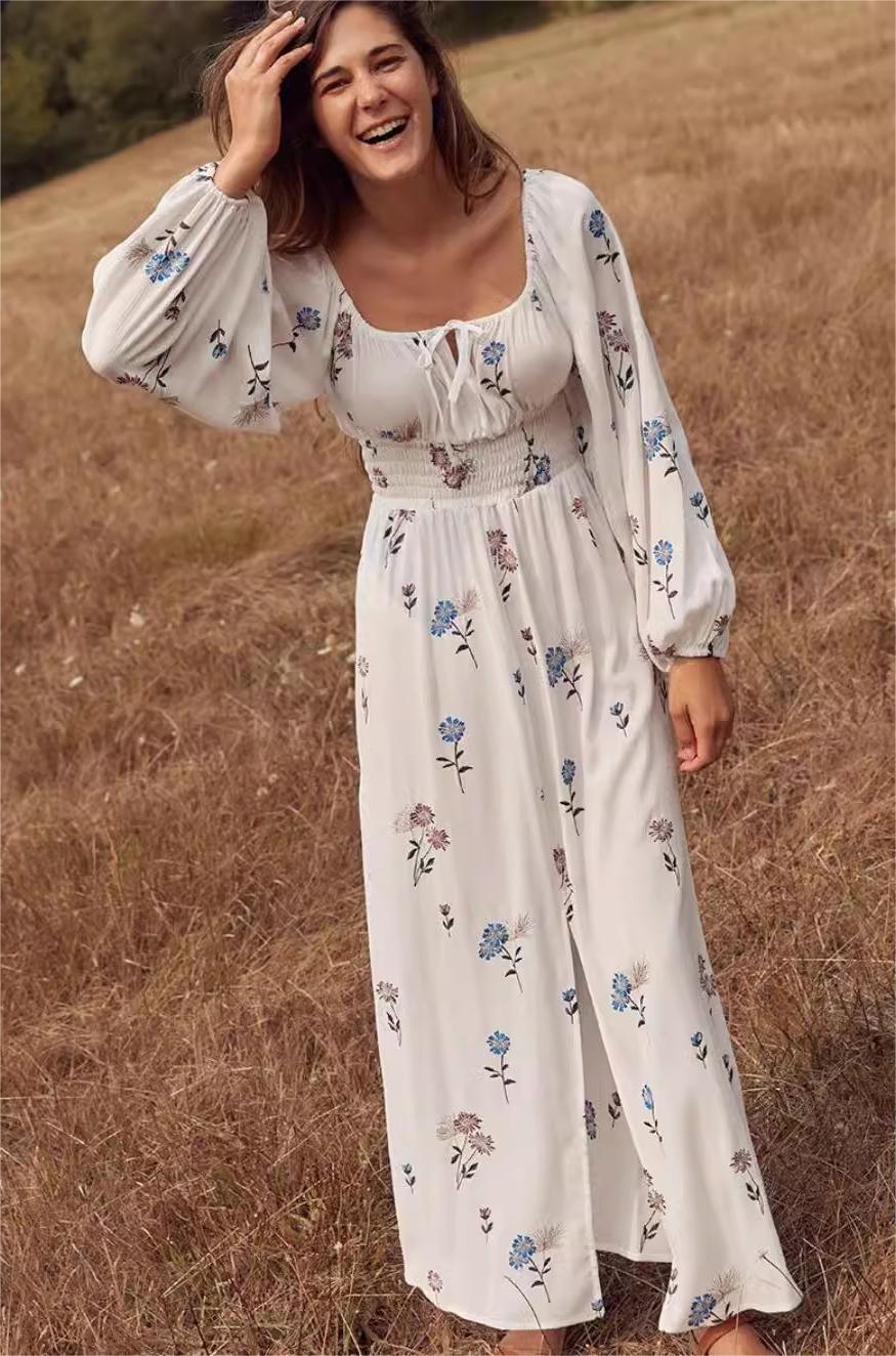 Vintage Dress Embroidered Flower Split Dress