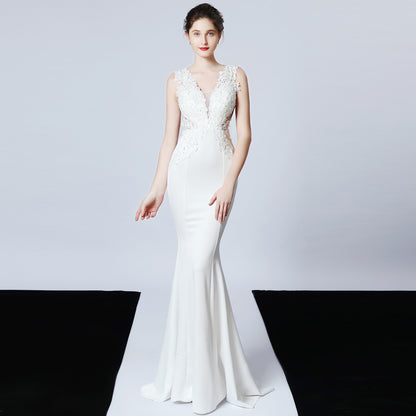 Wedding Handmade Applique Beaded Toast Clothing Bride Long Appreciation Dinner Slim-Fit Fishtail Evening Dress Formal Gown