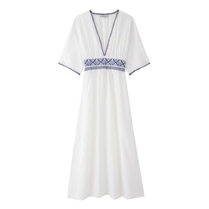 Summer Women Clothing Fresh Simple Linen Embroidery V Neck Short Sleeve Dress