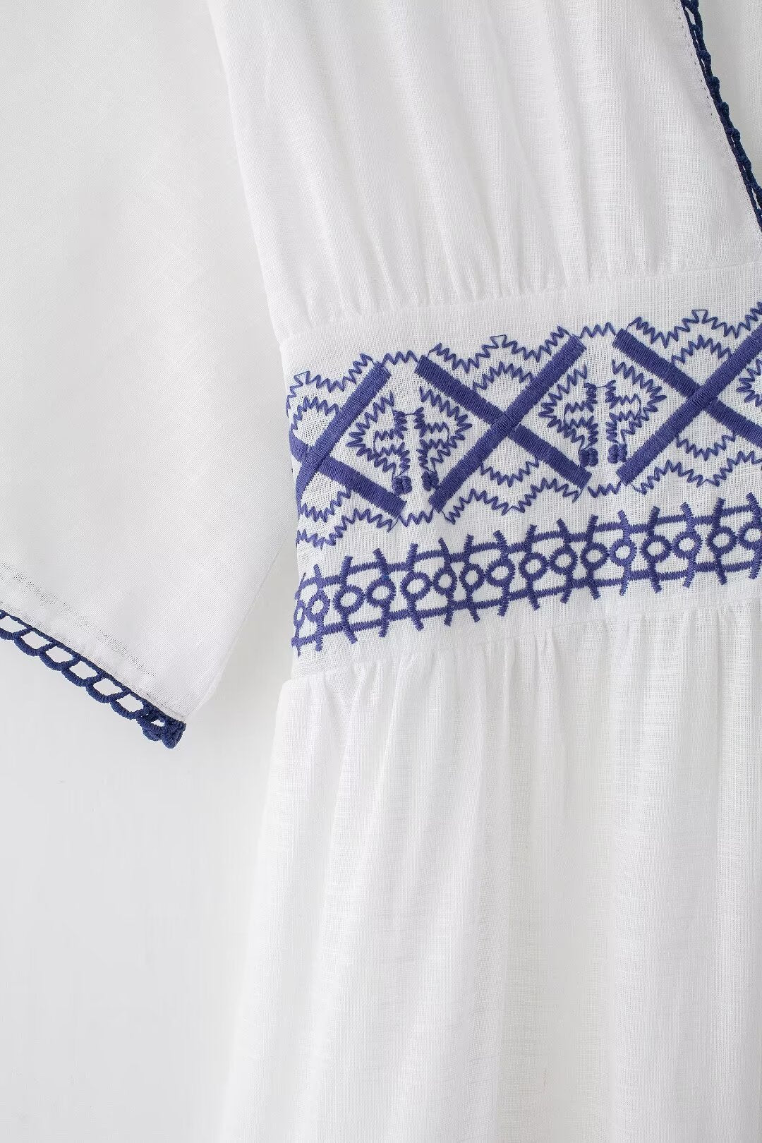 Summer Women Clothing Fresh Simple Linen Embroidery V Neck Short Sleeve Dress