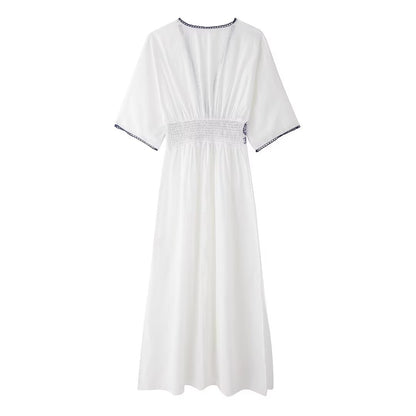 Summer Women Clothing Fresh Simple Linen Embroidery V Neck Short Sleeve Dress