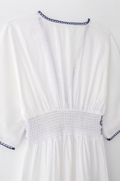 Robe d'été en lin frais et Simple pour femmes, vêtements brodés, col en V, manches courtes