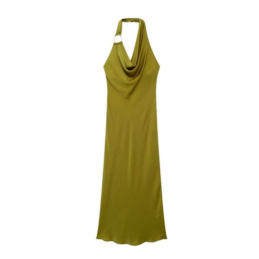 Robe mi-longue dos nu en satin de soie d'été