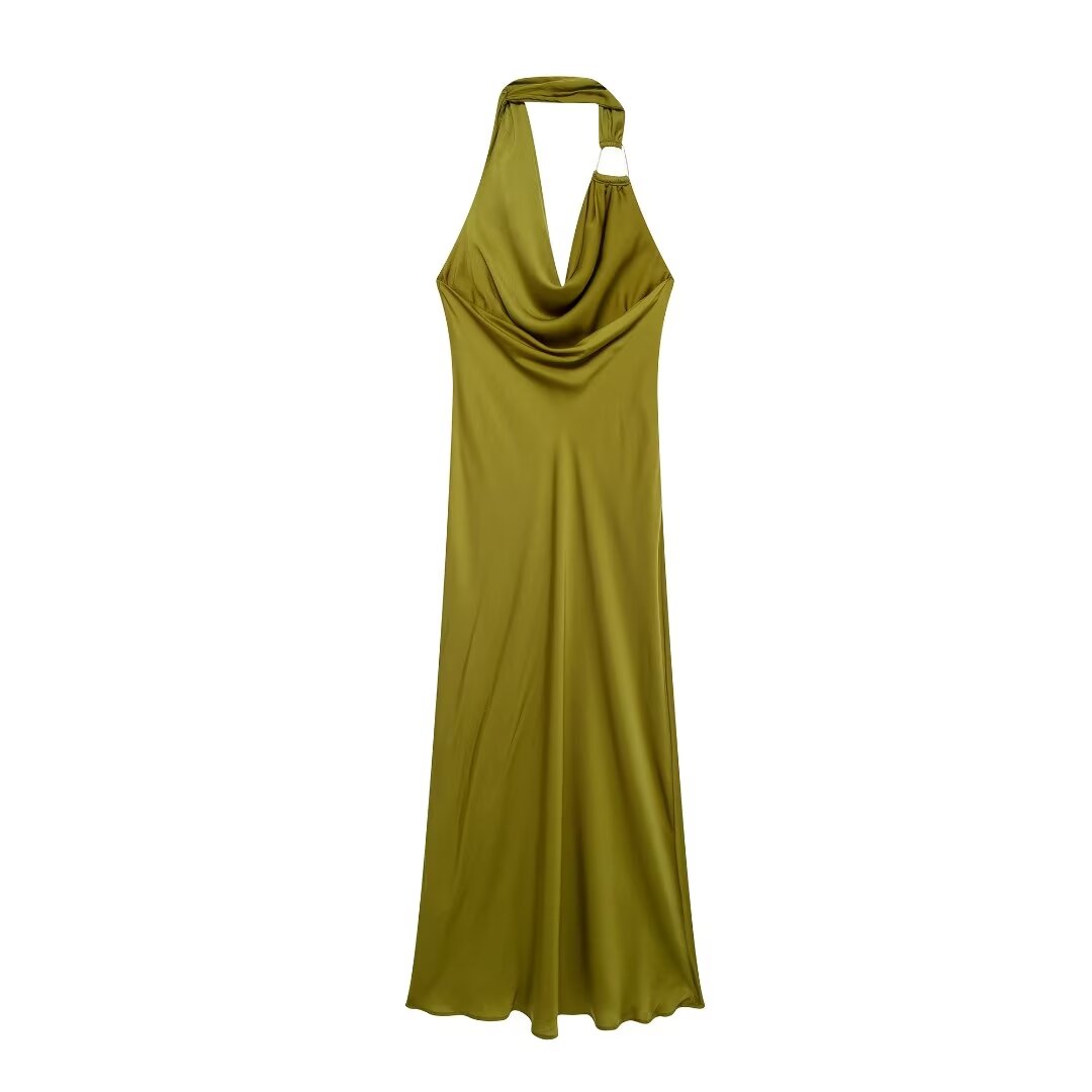 Summer Silk Satin Texture Halter Midi Dress