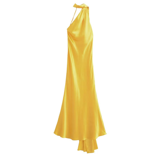 Women Halter Dress French Satin Draping Effect Ribbon Halter Dress