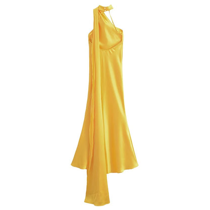 Robe dos nu en Satin français pour femmes, effet drapé, ruban, robe licou