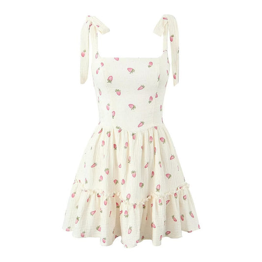 Summer French Strawberry Printing Slip Dress Women Sexy Younger Cinched A line Dress