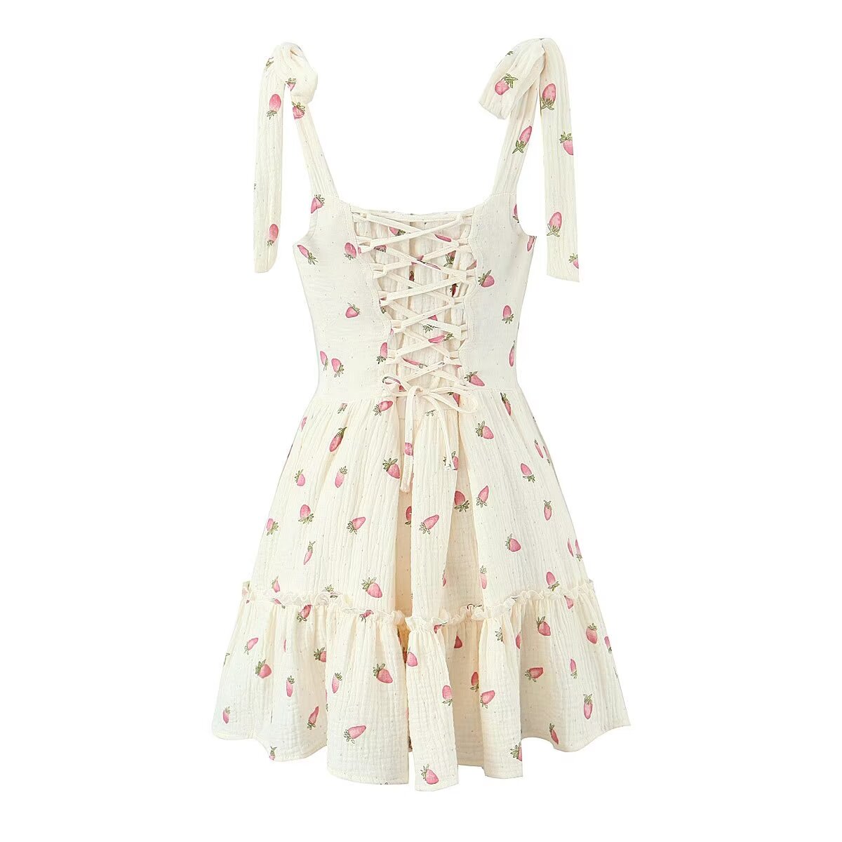 Summer French Strawberry Printing Slip Dress Women Sexy Younger Cinched A line Dress