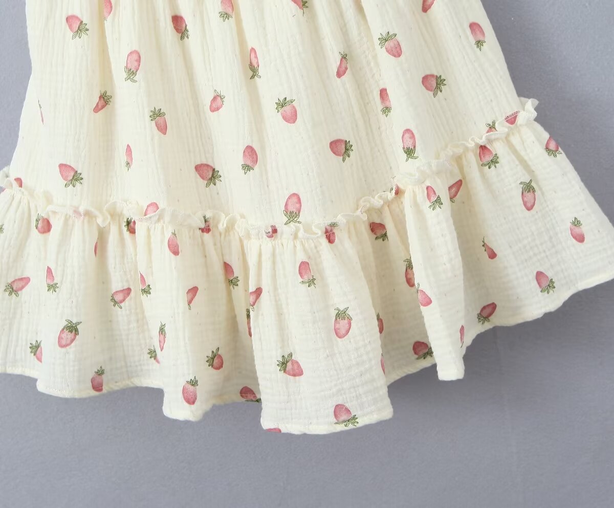 Summer French Strawberry Printing Slip Dress Women Sexy Younger Cinched A line Dress