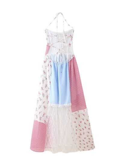 Robe d'été à coutures florales, douce, col licou, sans manches, pour femmes, robe de vacances