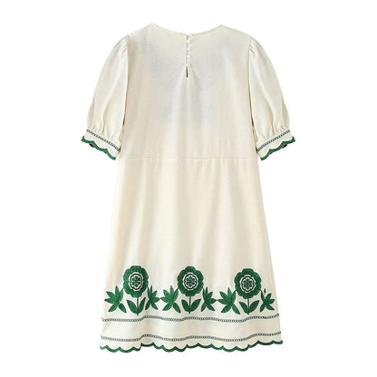 Summer Women Clothing Long Sleeve round Neck Embroidered Short Sleeve Dress