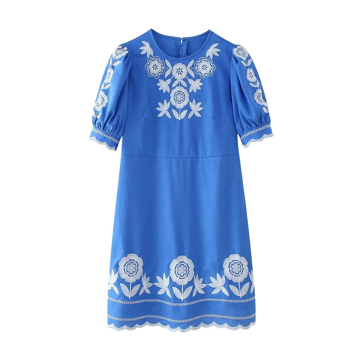 Summer Women Clothing Long Sleeve round Neck Embroidered Short Sleeve Dress