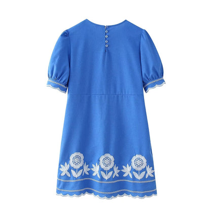 Summer Women Clothing Long Sleeve round Neck Embroidered Short Sleeve Dress