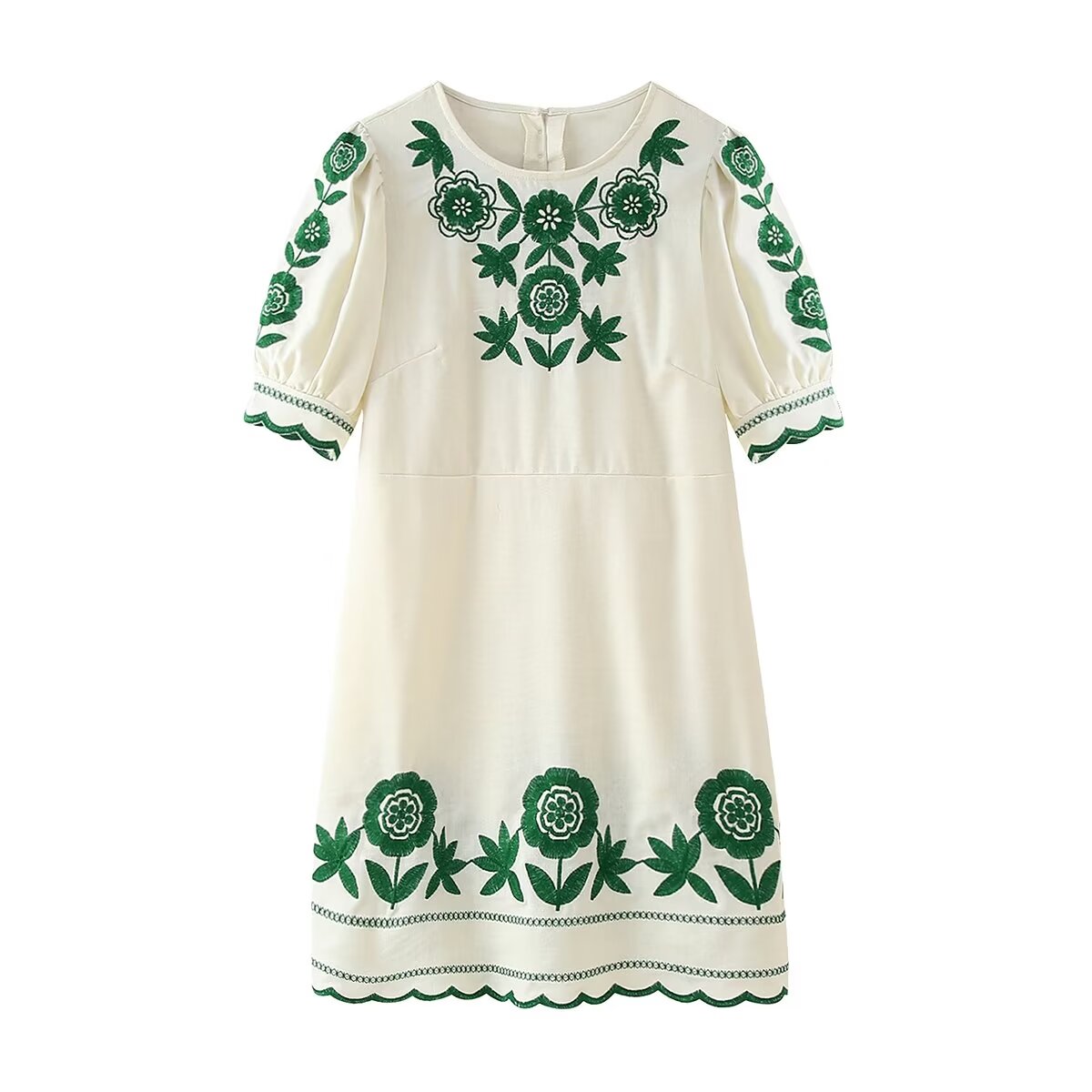 Summer Women Clothing Long Sleeve round Neck Embroidered Short Sleeve Dress