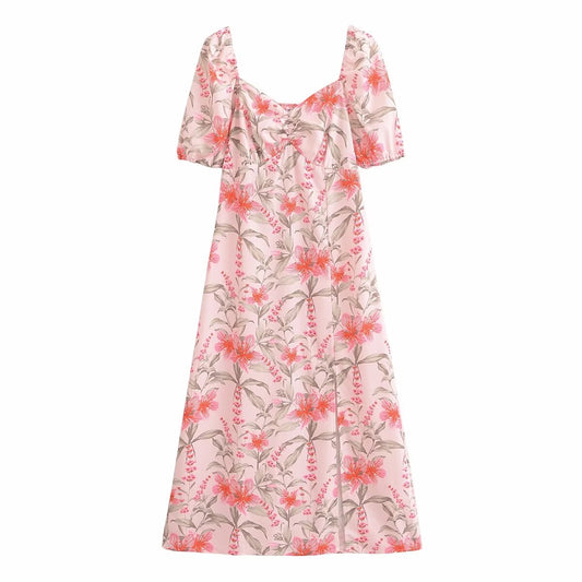 Women Chiffon Printed V Neck Short Sleeve Dress