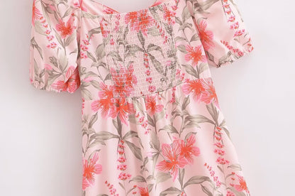 Women Chiffon Printed V Neck Short Sleeve Dress