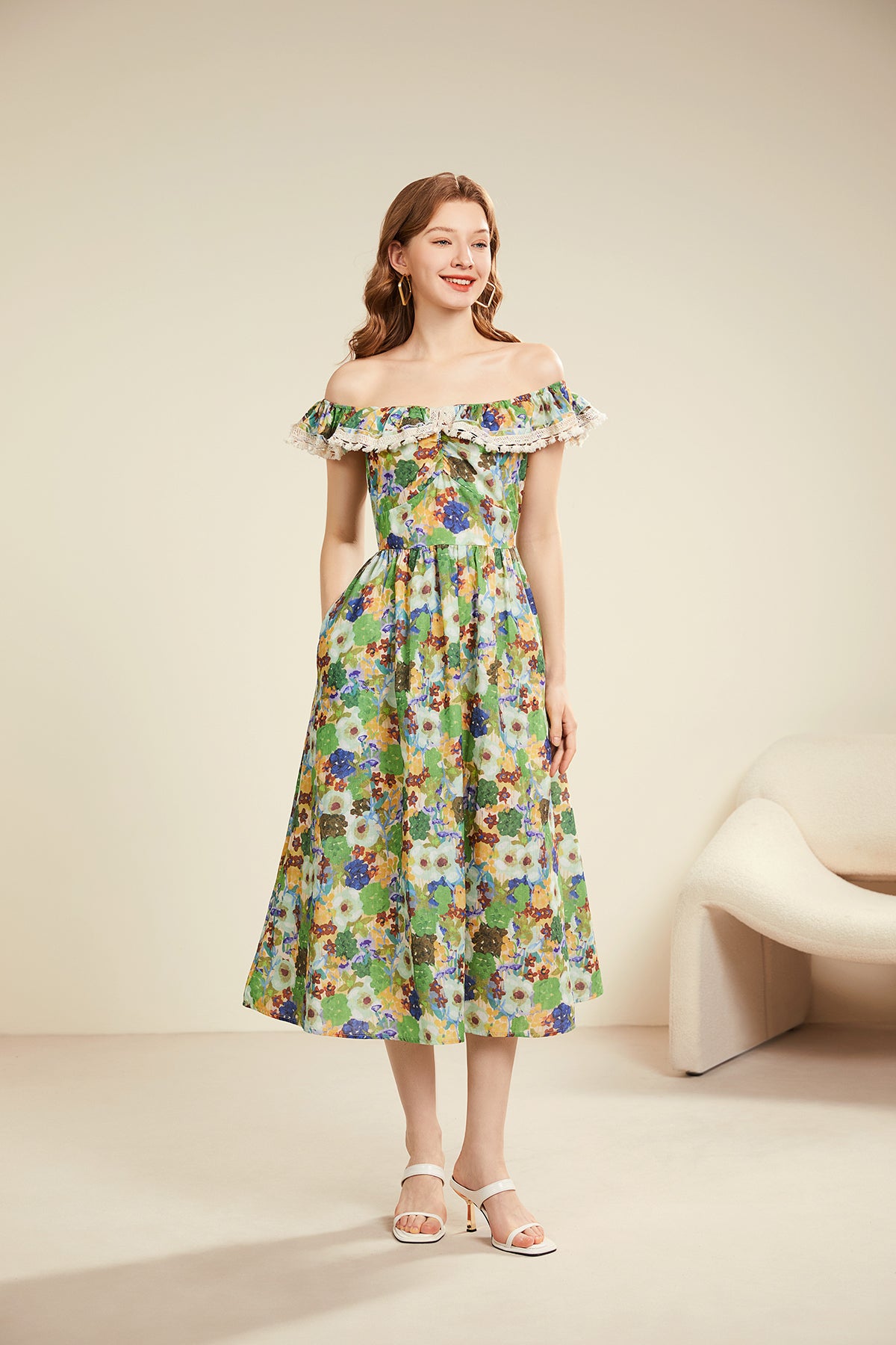 Robe d'été à fleurs pour femmes, épaules dénudées, manches courtes, ligne A