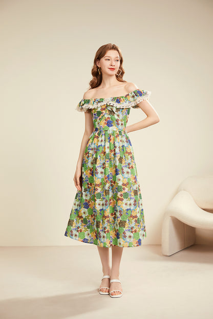 Women Summer Floral Off Shouldder Short Sleeve A Line Dress