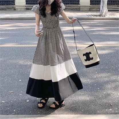 Vestido francés a cuadros de alto grado, vestido adelgazante de línea A ajustado con cintura de verano para mujer