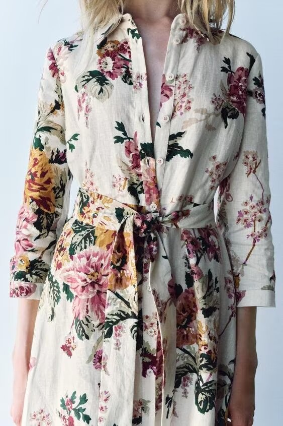 Summer Linen Floral Printed Shirt Dress