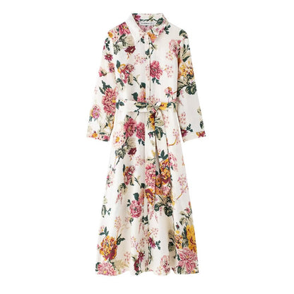 Summer Linen Floral Printed Shirt Dress