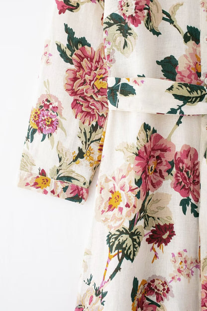 Summer Linen Floral Printed Shirt Dress