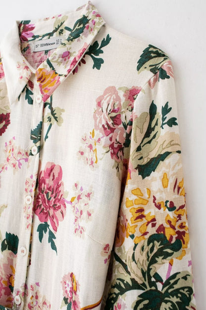 Summer Linen Floral Printed Shirt Dress