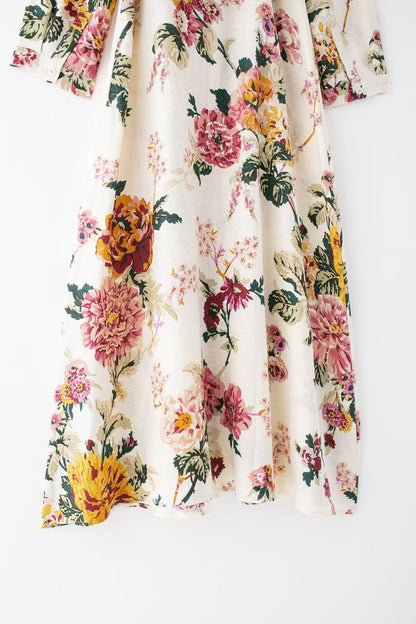 Summer Linen Floral Printed Shirt Dress