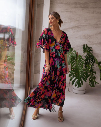 Vestido informal de primavera y verano con cuello en V, vestido holgado con espalda descubierta y vuelo grande para mujer