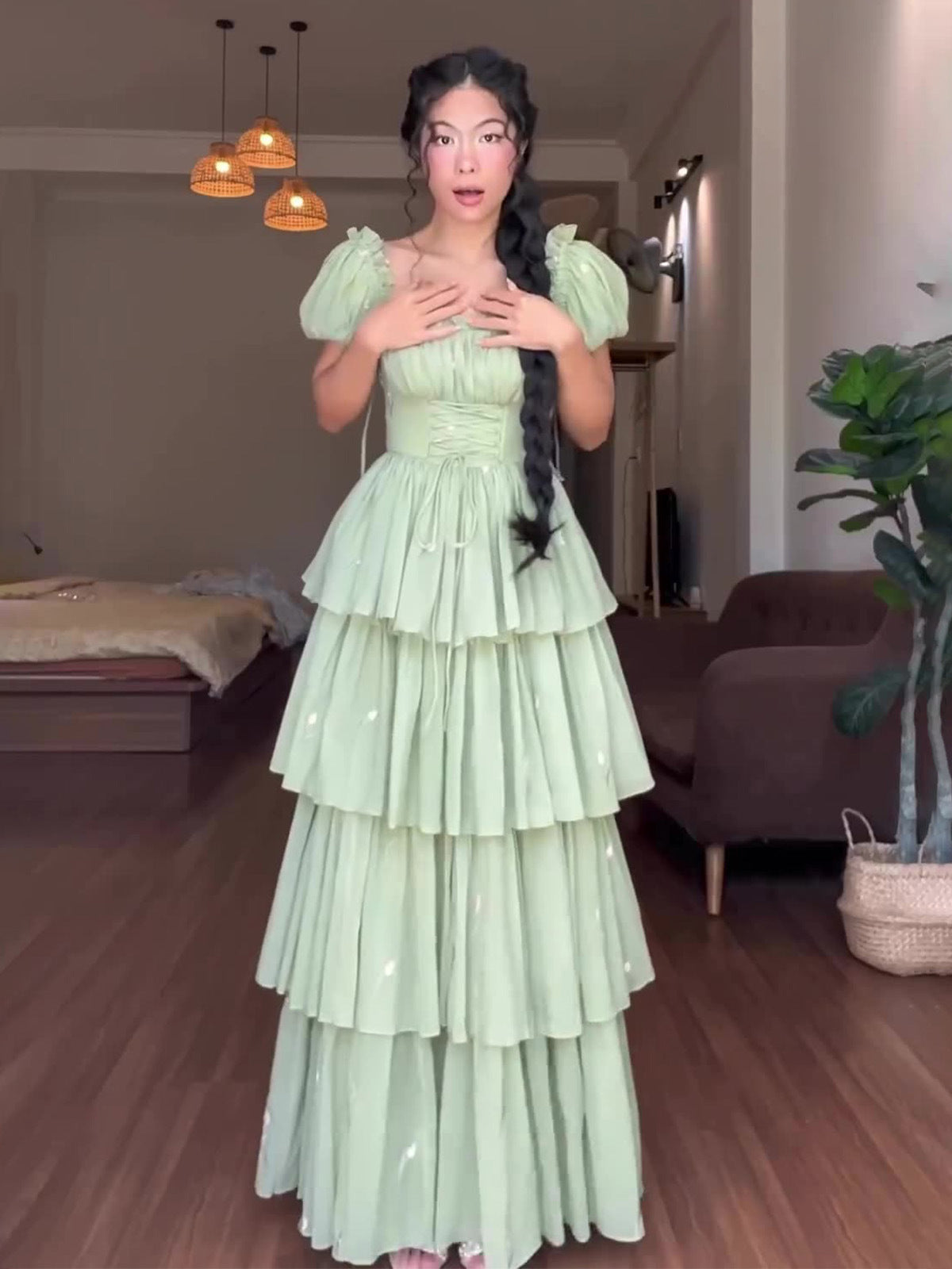 Robe Tutu en Tulle cintré en maille fraîche pour femmes, vêtements d'été français, à plusieurs niveaux