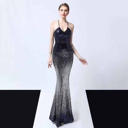 Sequined Evening Party Dress Long Cocktail Slim Fit Fishtail Elegant Socialite Party Annual Meeting Host