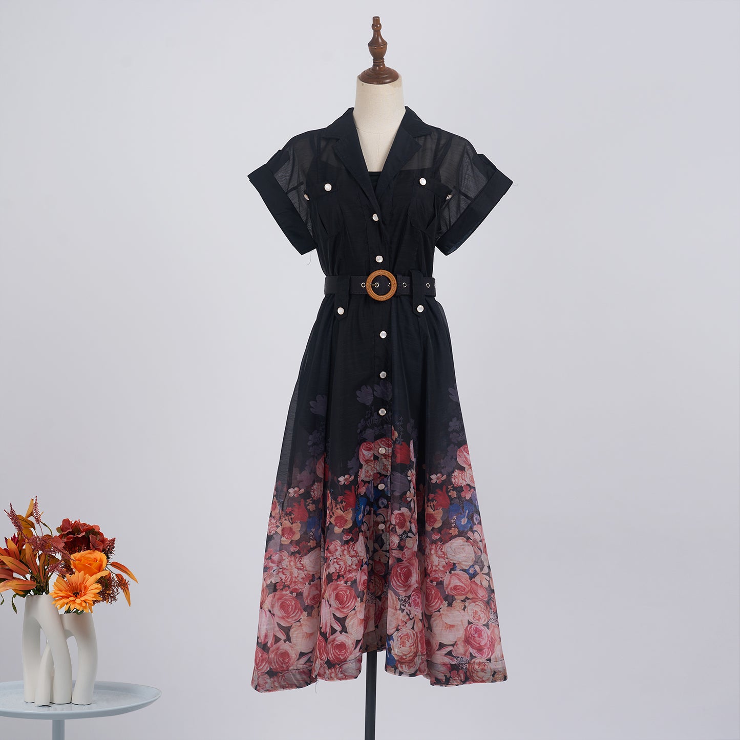 Printed Lapel Single Breasted A Line Dress Mid Length Dress Women Design Sling With Belt