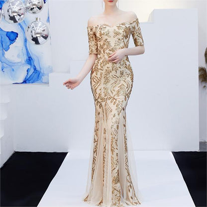 Cocktail Evening Dress Elegant Champagne Off Shoulder Fishtail Long Annual Meeting Dress Women Spring