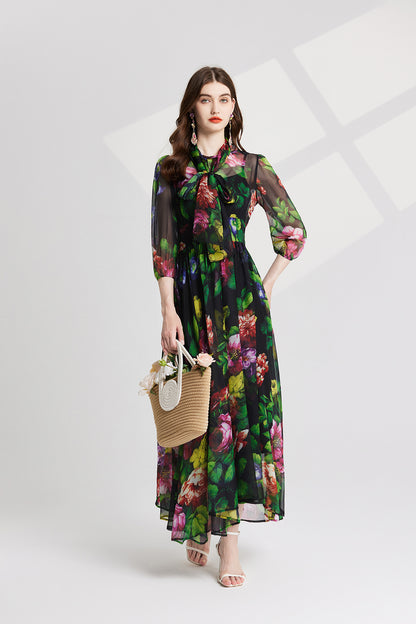 Elegant Printed Tie Up Tencel Dress