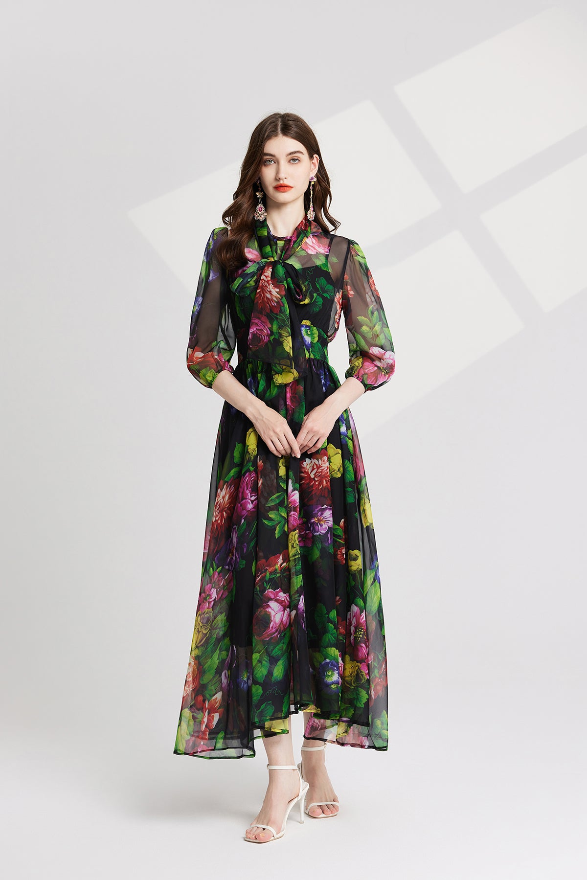 Elegant Printed Tie Up Tencel Dress