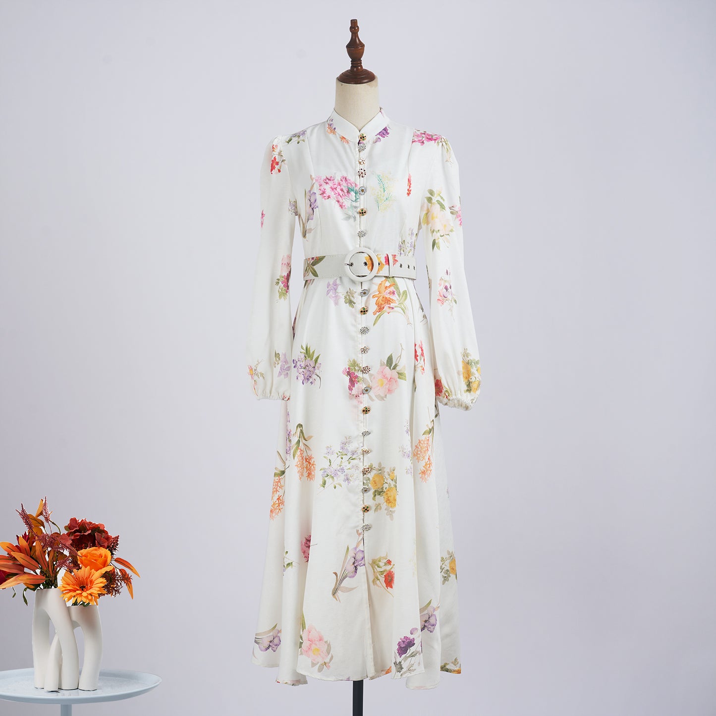 Women Spring Long Sleeve Floral Single Breasted Dress Long Print With Belt Dress